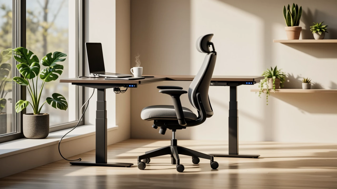 A modern home office setup with a minimalist desk, ergonomic chair, laptop, and natural light from a large window, plants on the shelf, and a cup of coffee. Soft, warm lighting and a clean aesthetic.