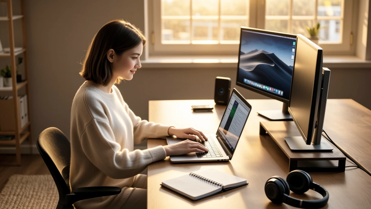 A person sitting at a cozy home workspace wearing wireless headphones, typing on a laptop with a second monitor, a notepad, and a stylish desk organizer. Sunlight filters through the window, creating a productive yet relaxed atmosphere.