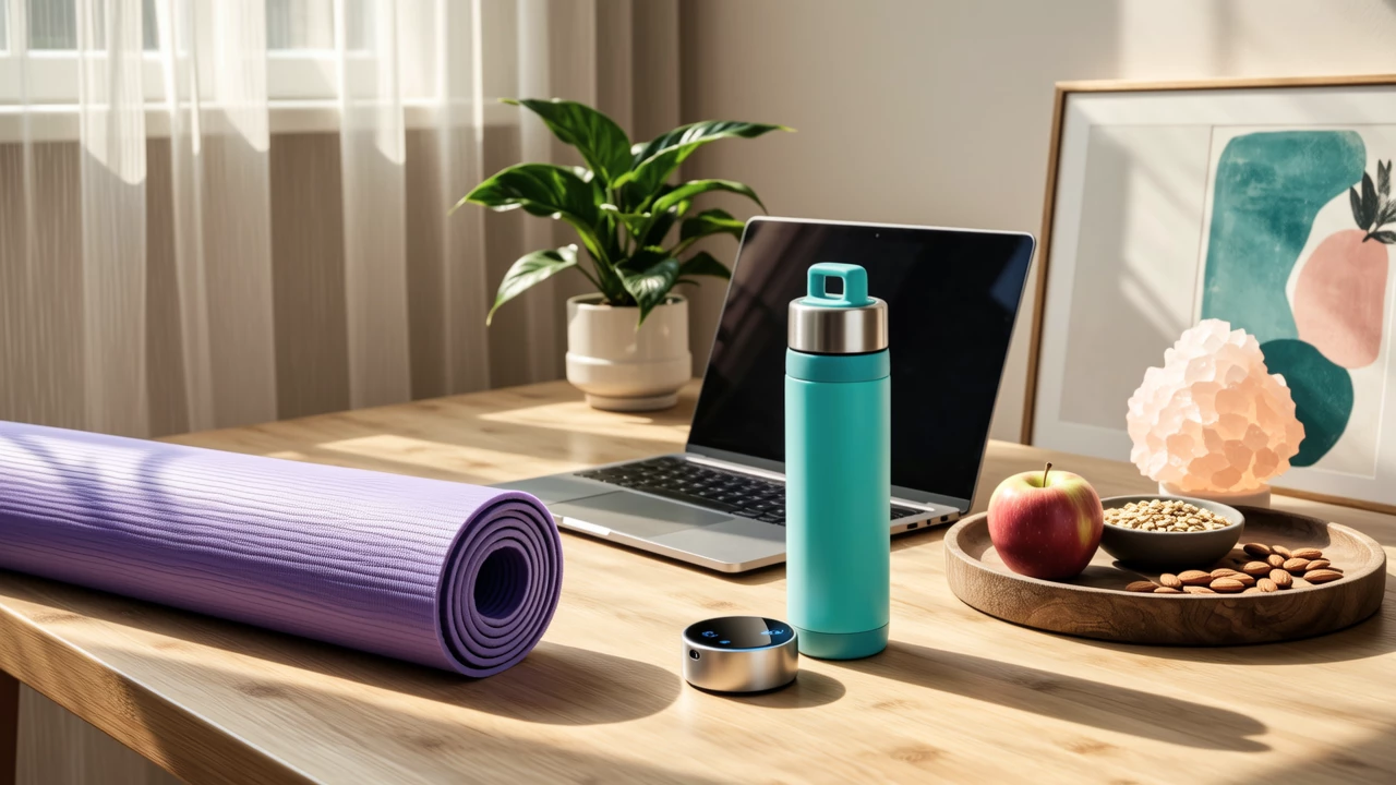 A wellness corner in a home office with a yoga mat, water bottle, healthy snacks on a tray, and a fitness tracker on the desk. Soft, natural lighting and a serene vibe.