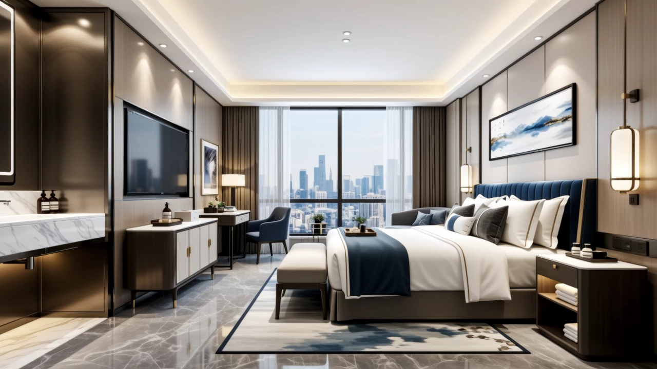 A stylish boutique hotel room with plush bedding and minimalist decor, evoking affordable luxury