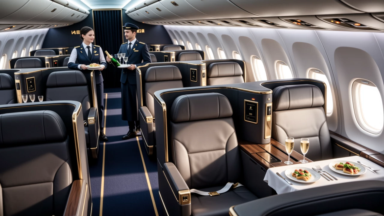 An elegant first-class airline cabin with spacious seats and premium amenities, captured in a budget-conscious context