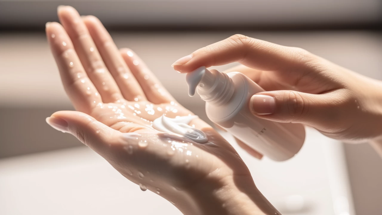 a close-up shot of hands applying a luxurious body cream on smooth skin, with visible hydration effects