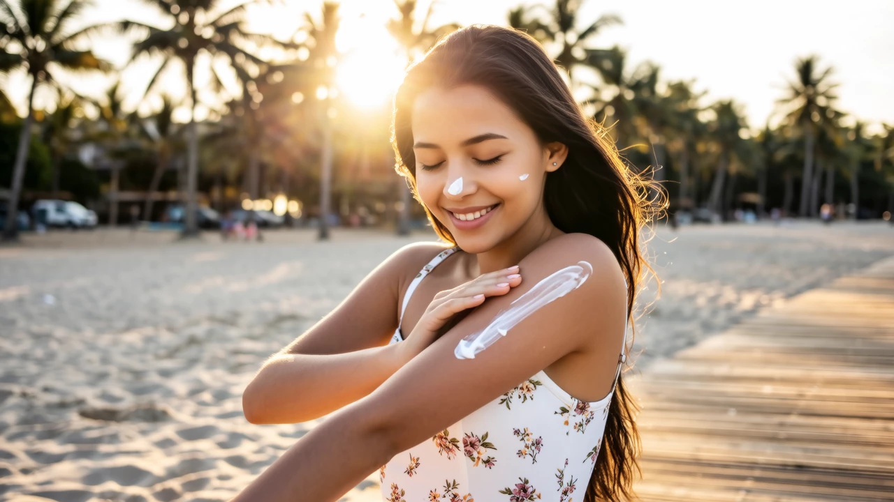 a person applying sunscreen on their face and arms outdoors, with sun rays in the background