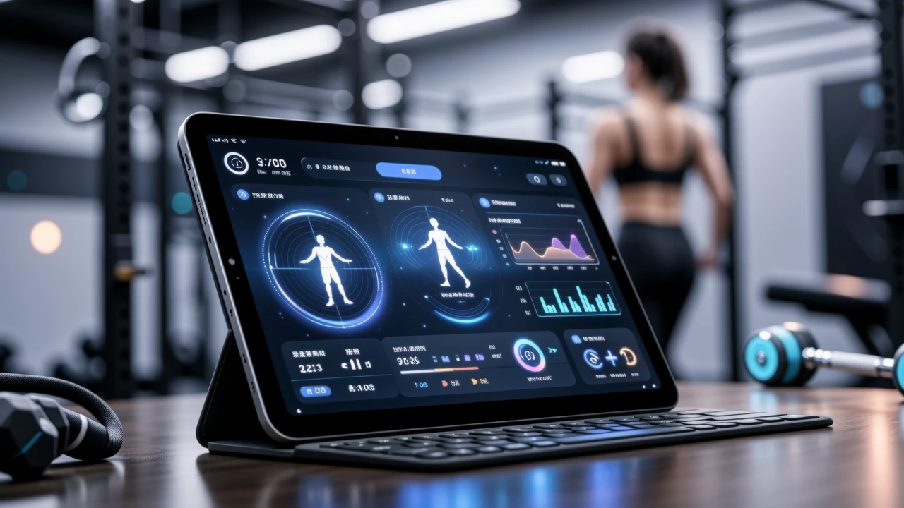A sleek AI fitness app interface on a tablet, showing personalized workout stats and animations