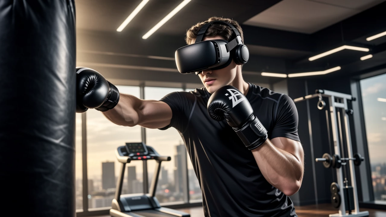 A person wearing a VR headset engaged in a high-energy boxing game in a modern home gym