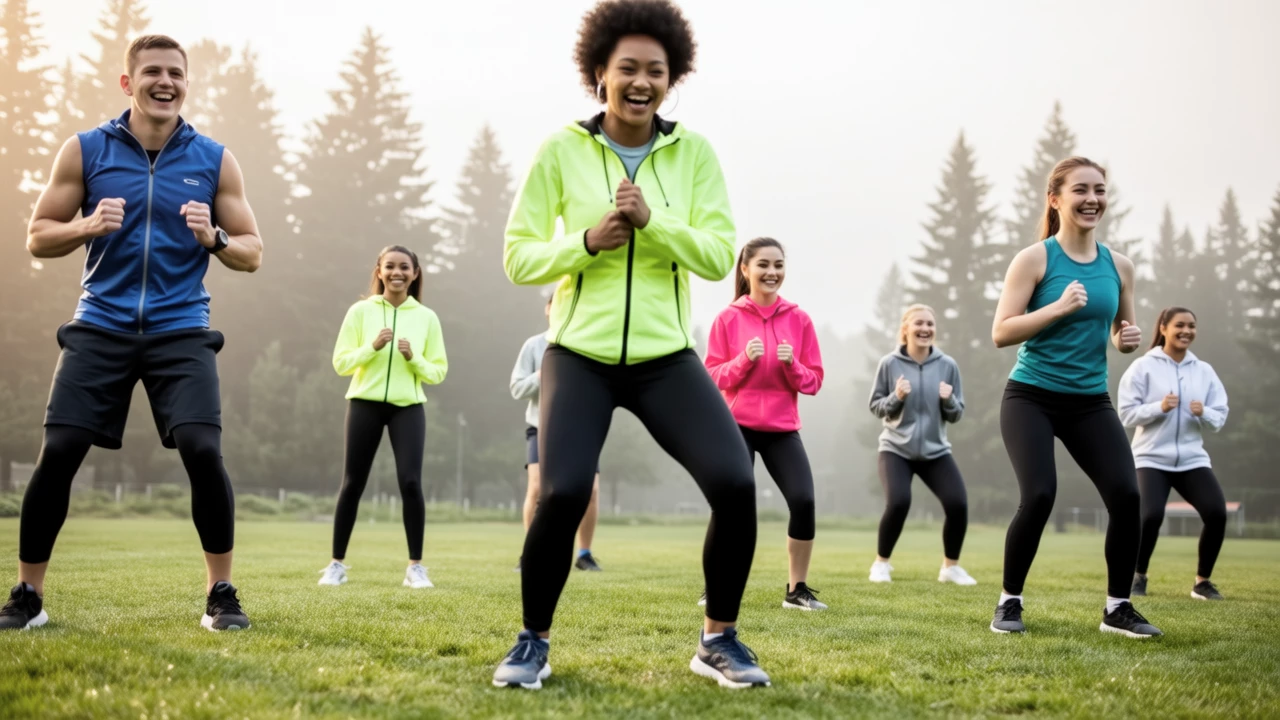 A diverse group of friends laughing during an outdoor boot camp session