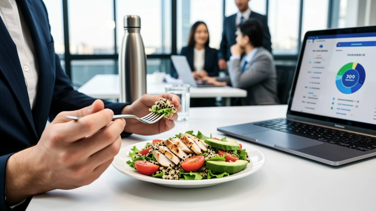A busy professional eating a healthy salad at their desk, with fresh vegetables, grilled chicken, and a water bottle, in a modern office setting during lunch hour.