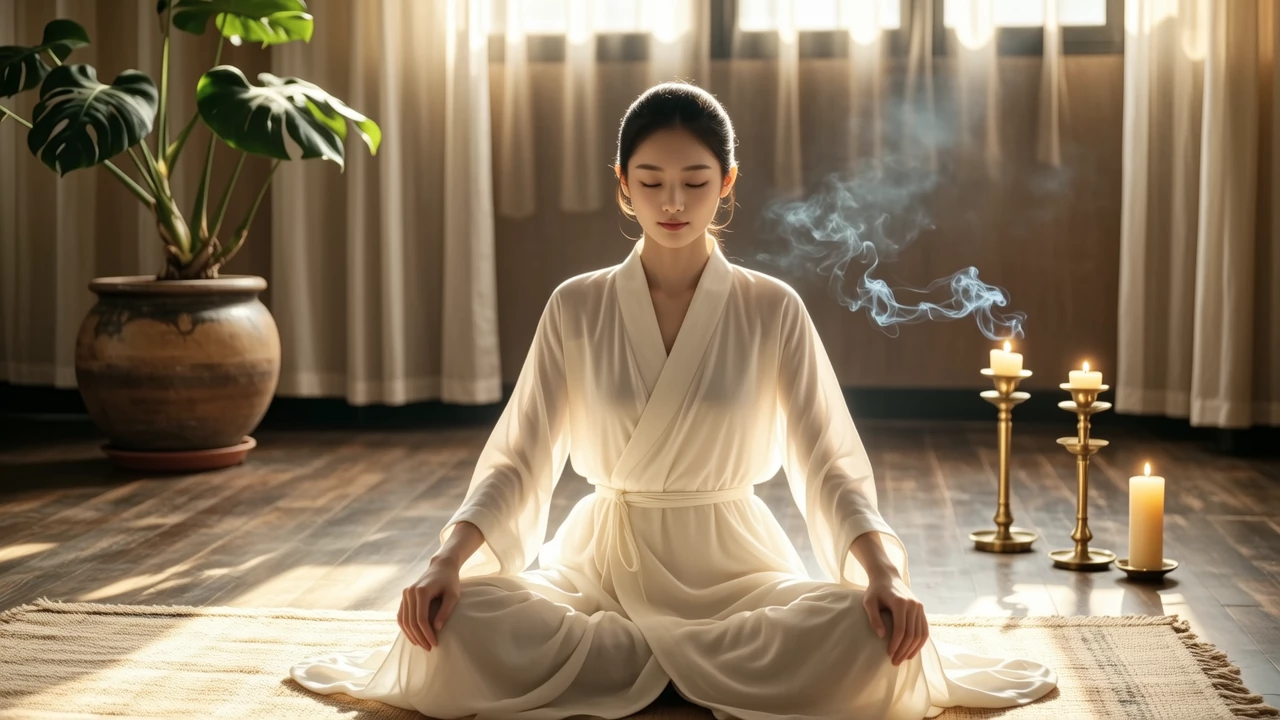A person meditating peacefully in a quiet room with soft lighting, candles, and a plant, early morning serenity.