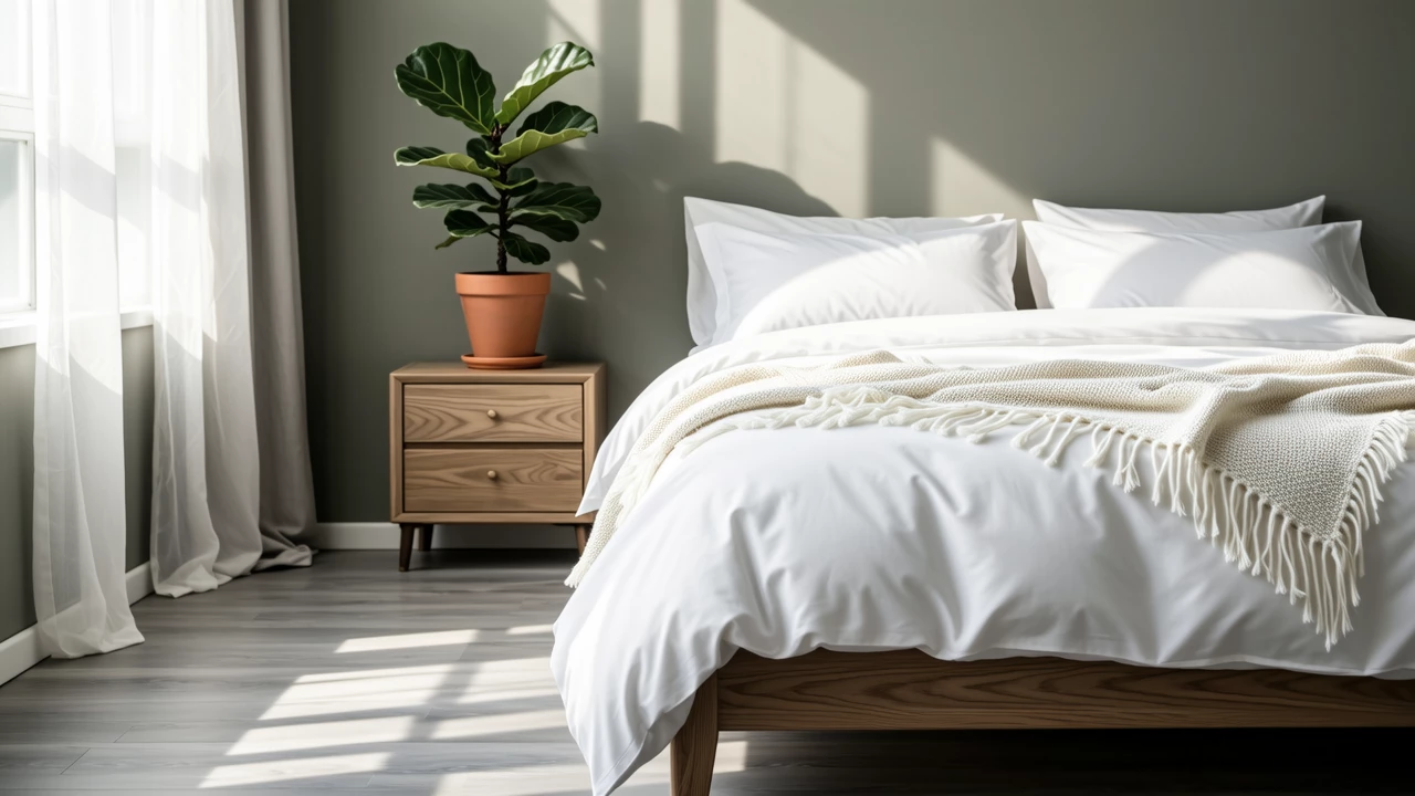 A serene, minimalist bedroom with a neutral color palette, a simple bed, and a single plant on a nightstand, evoking calm and simplicity