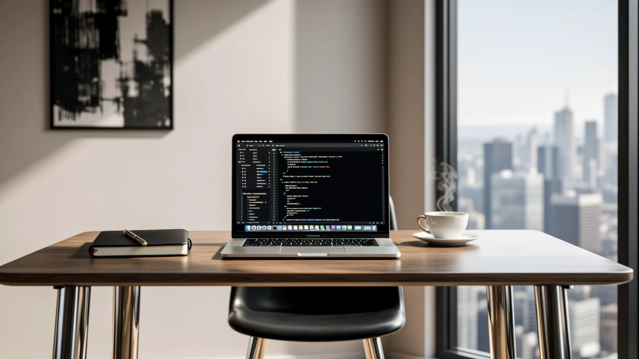 A clean, organized workspace with a laptop, a notebook, and a cup of tea, showcasing a clutter-free environment for enhanced focus