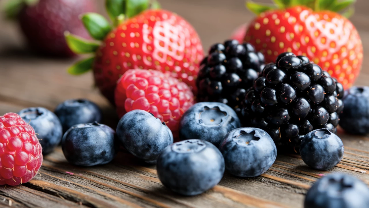 A vibrant flat lay composition featuring an assortment of fresh blueberries, strawberries, and raspberries arranged artistically on a rustic wooden background with natural lighting, emphasizing their juicy texture and rich colors.