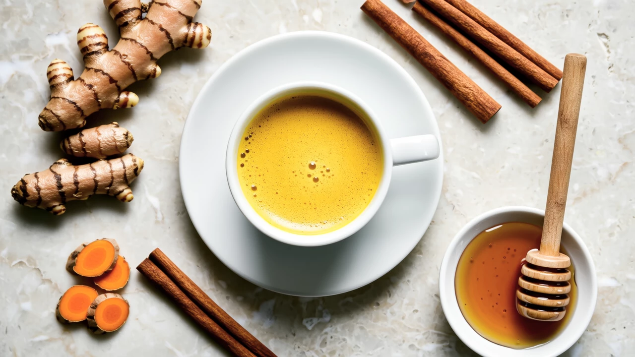 A beautifully styled overhead shot of a golden turmeric latte in a ceramic mug surrounded by fresh turmeric roots, cinnamon sticks, and honey drizzle on a marble surface, creating an inviting and wellness-focused atmosphere.
