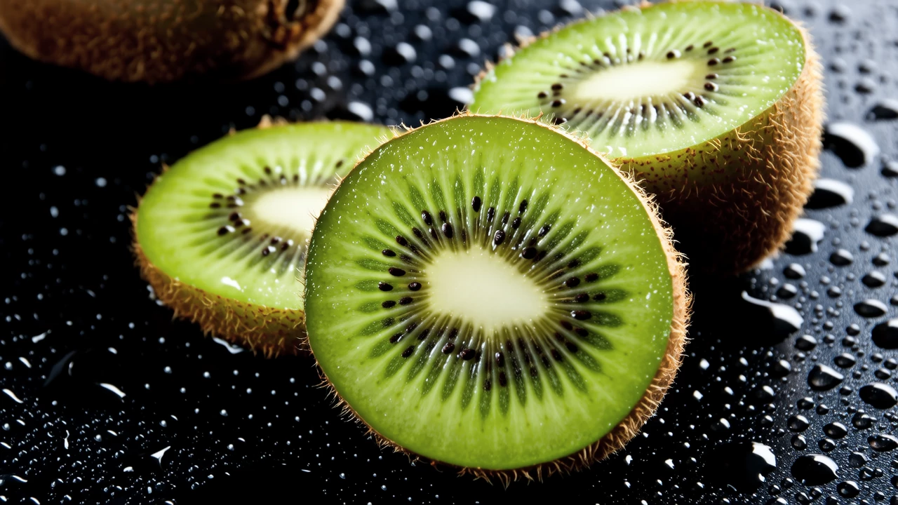 A macro photograph of sliced kiwi fruits showing their intricate pattern of black seeds and vibrant green flesh, with droplets of water enhancing freshness, set against a dark background for dramatic contrast.