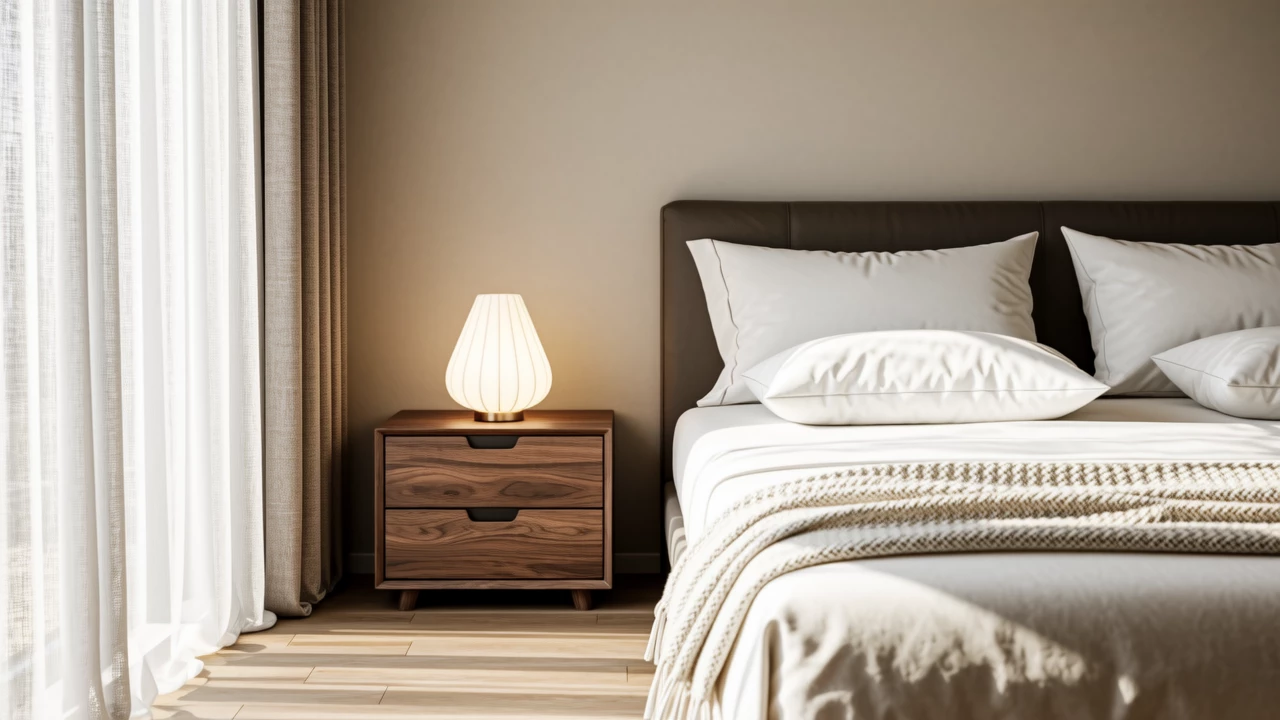 A beautifully arranged bedroom with minimalist decor, soft lighting from a salt lamp, plush pillows, and a neatly made bed, creating an inviting and tranquil atmosphere for sleep.