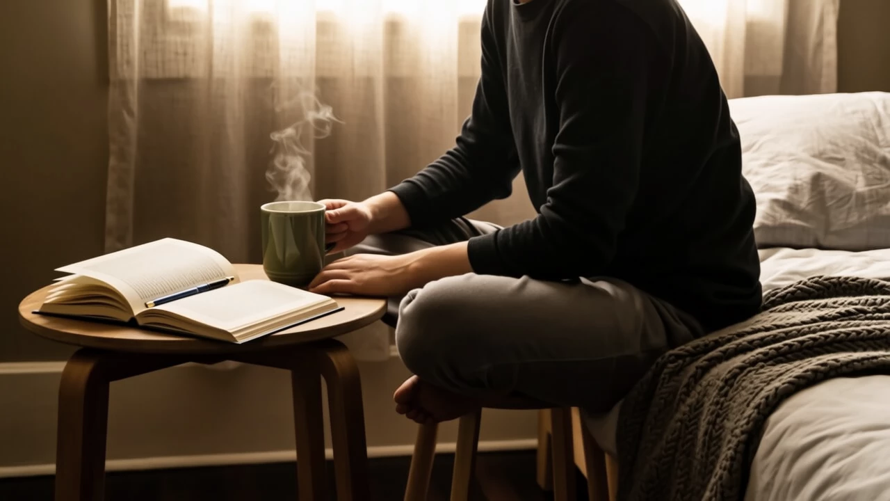 A person enjoying a calming cup of herbal tea at a small bedside table, with a book and no electronic devices in sight, highlighting a screen-free wind-down routine.
