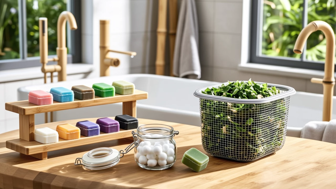 A vibrant zero-waste beauty station with solid shampoo bars, reusable cotton rounds, and a composting bin, set in a bright, eco-friendly bathroom