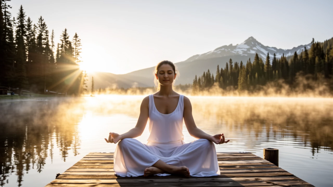 A serene sunrise over a calm lake, soft golden light filtering through trees, a person meditating on the shore, peaceful and tranquil atmosphere, nature-inspired, high-resolution photography