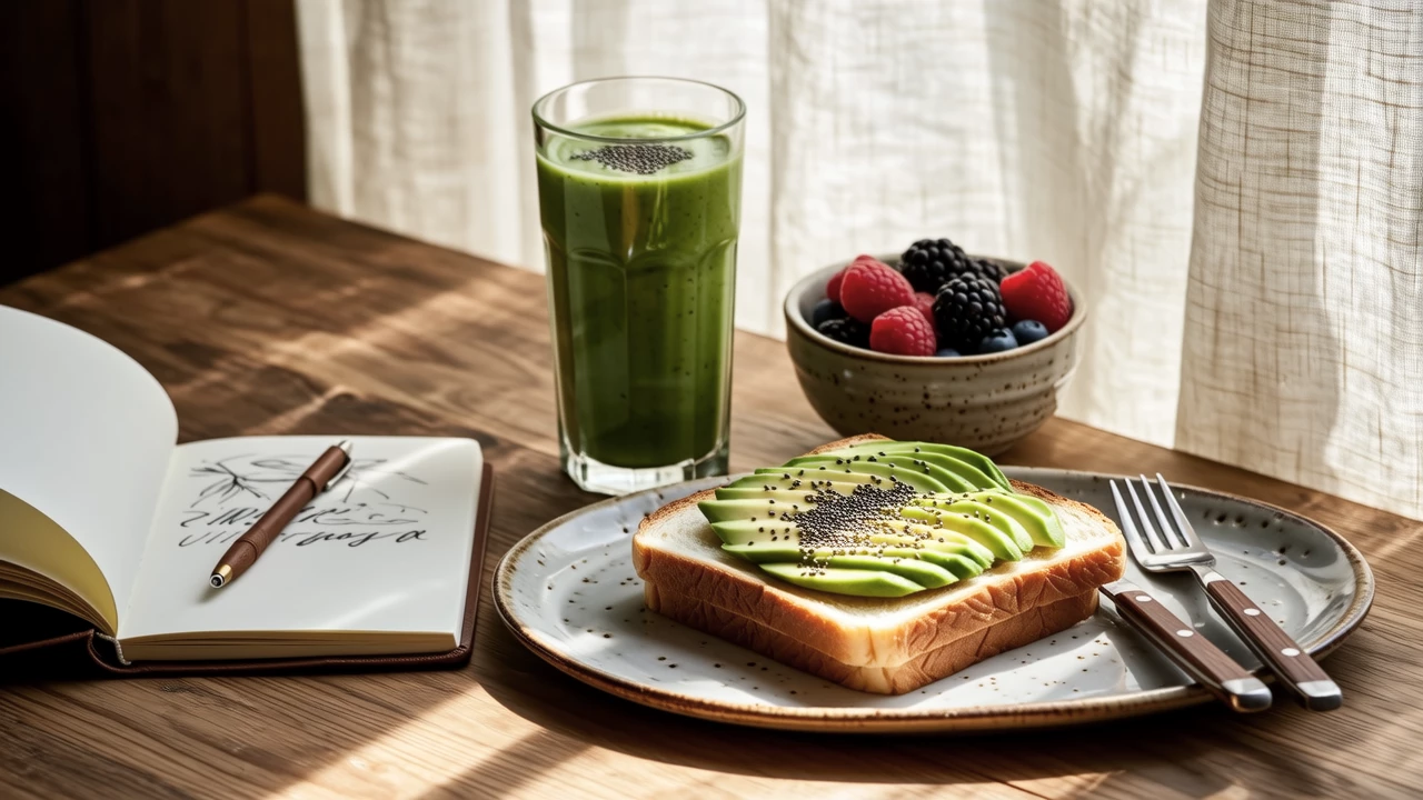 A minimalist breakfast setup with avocado toast, fresh berries, a glass of green smoothie, and a notebook nearby, soft morning light, clean and aesthetic composition, lifestyle photography
