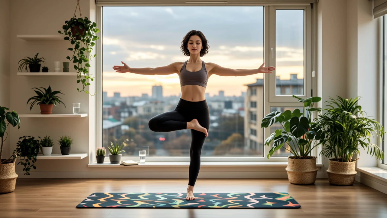 A person doing yoga on a mat near a large window, sunlight streaming in, plants in the background, focused and relaxed expression, wellness and mindfulness theme, soft natural lighting