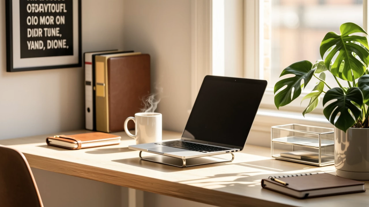 A well-organized desk with a laptop, planner, coffee mug, and potted plant, morning light creating shadows, productive and inspiring workspace, modern and tidy aesthetic