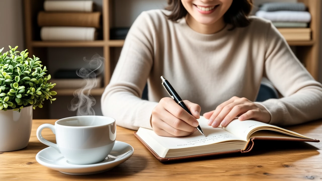 A person smiling while writing in a gratitude journal with a cup of tea nearby
