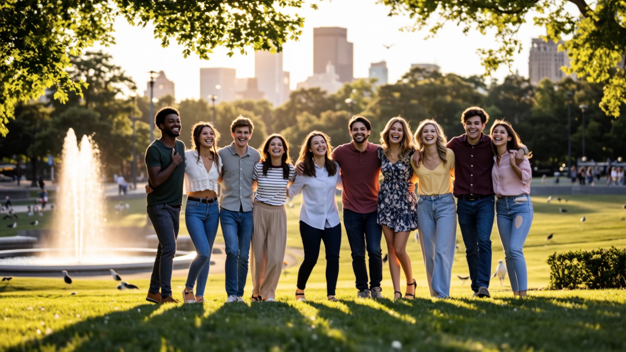 A group of diverse friends laughing and hugging in a sunny park setting