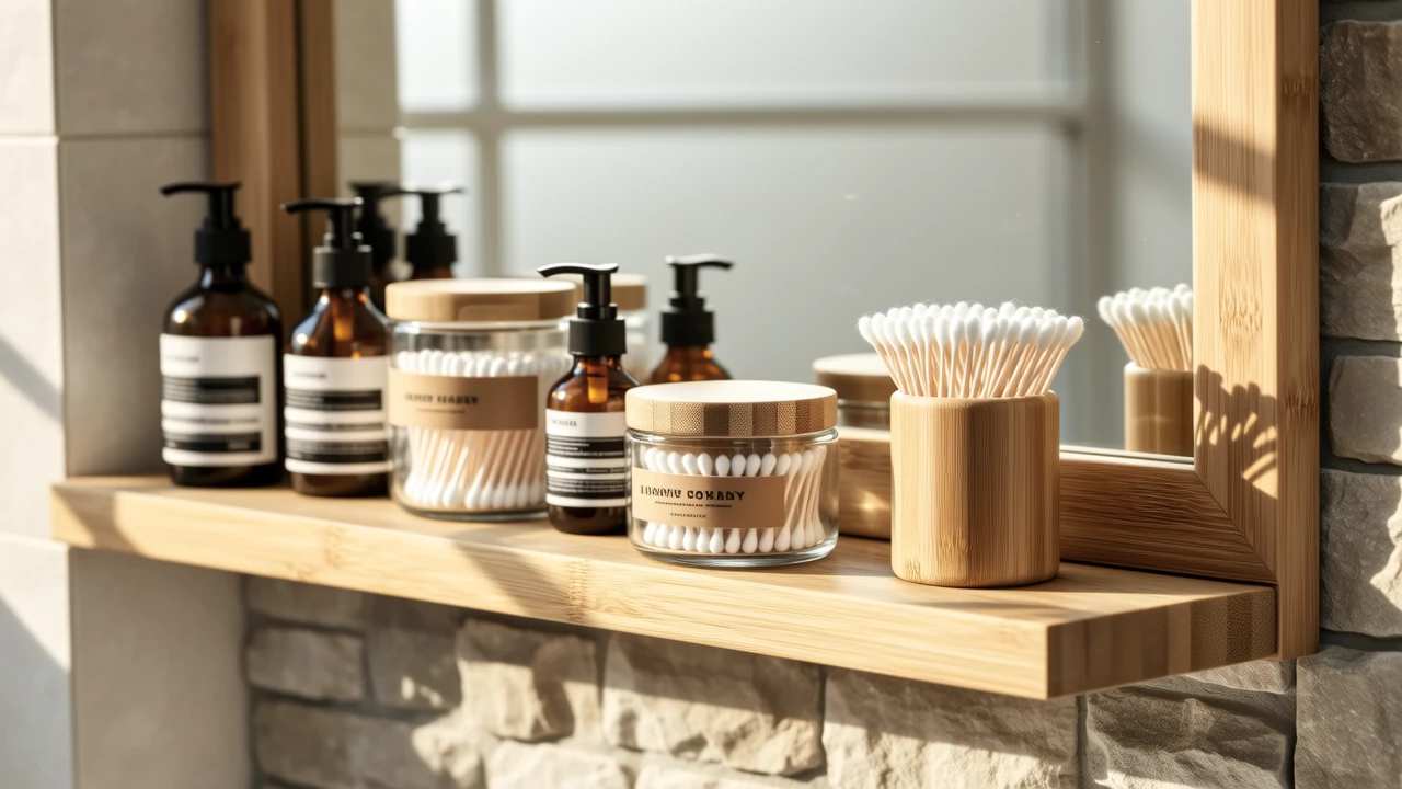 A minimalist bathroom shelf with glass jars, bamboo containers, and recyclable packaging for skincare products, natural lighting, soft focus, eco-friendly aesthetic