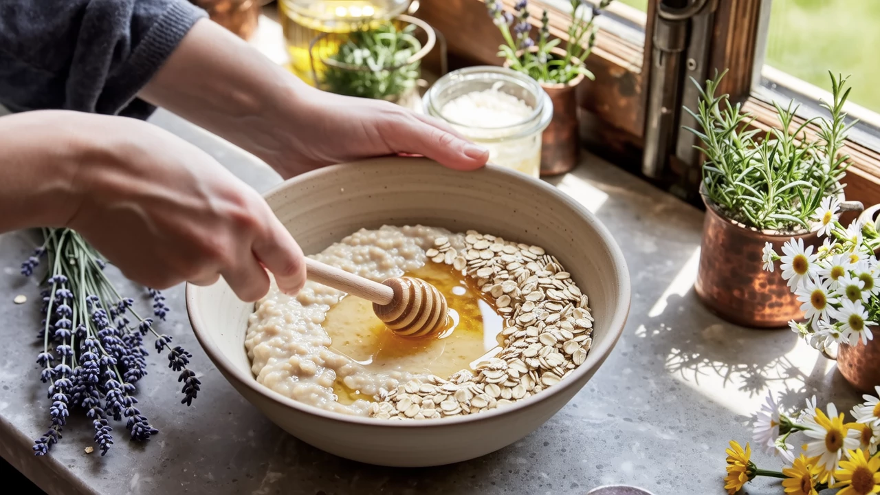 Close-up of hands mixing natural ingredients like honey, oatmeal, and coconut oil in a ceramic bowl, surrounded by fresh herbs and flowers, warm sunlight, rustic kitchen background