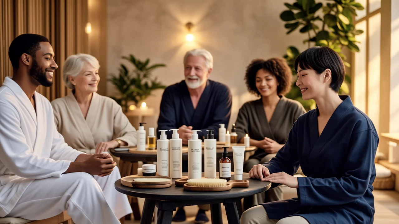A diverse group of people enjoying a spa-like atmosphere at home, using eco-friendly products with elegant packaging, soft lighting creating a serene ambiance, inclusive representation of different ages and abilities