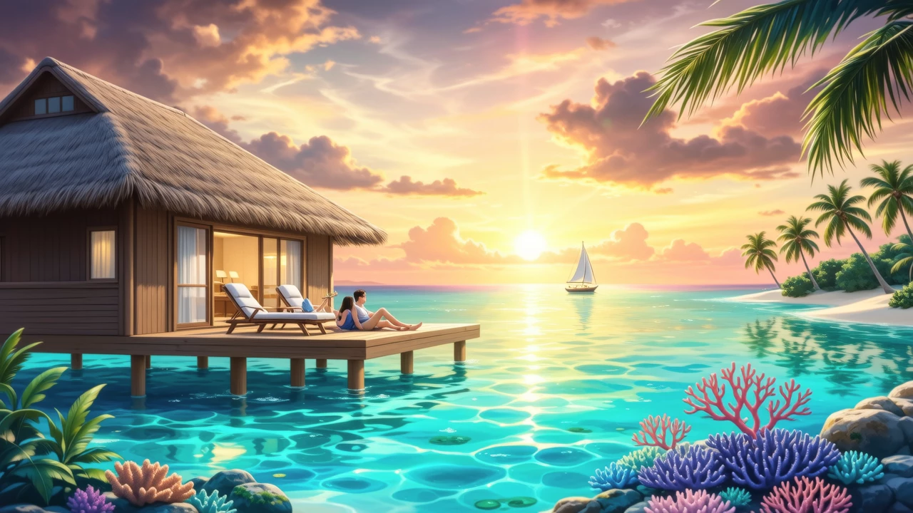 A couple relaxing in an overwater bungalow in the Maldives, with turquoise water stretching to the horizon and a stunning sunset casting golden hues