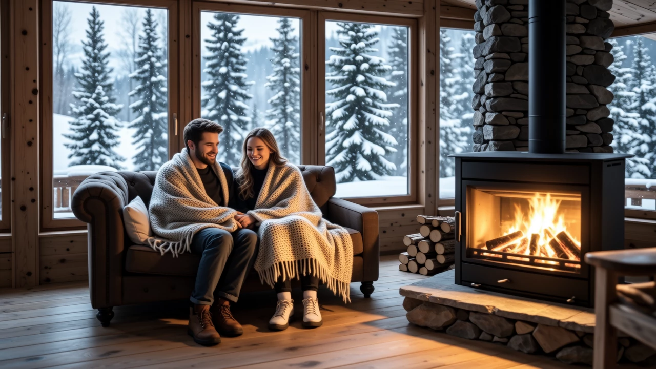A couple snuggled together in a cozy Alpine cabin, with snow falling outside and a crackling fireplace inside, creating a warm and intimate atmosphere