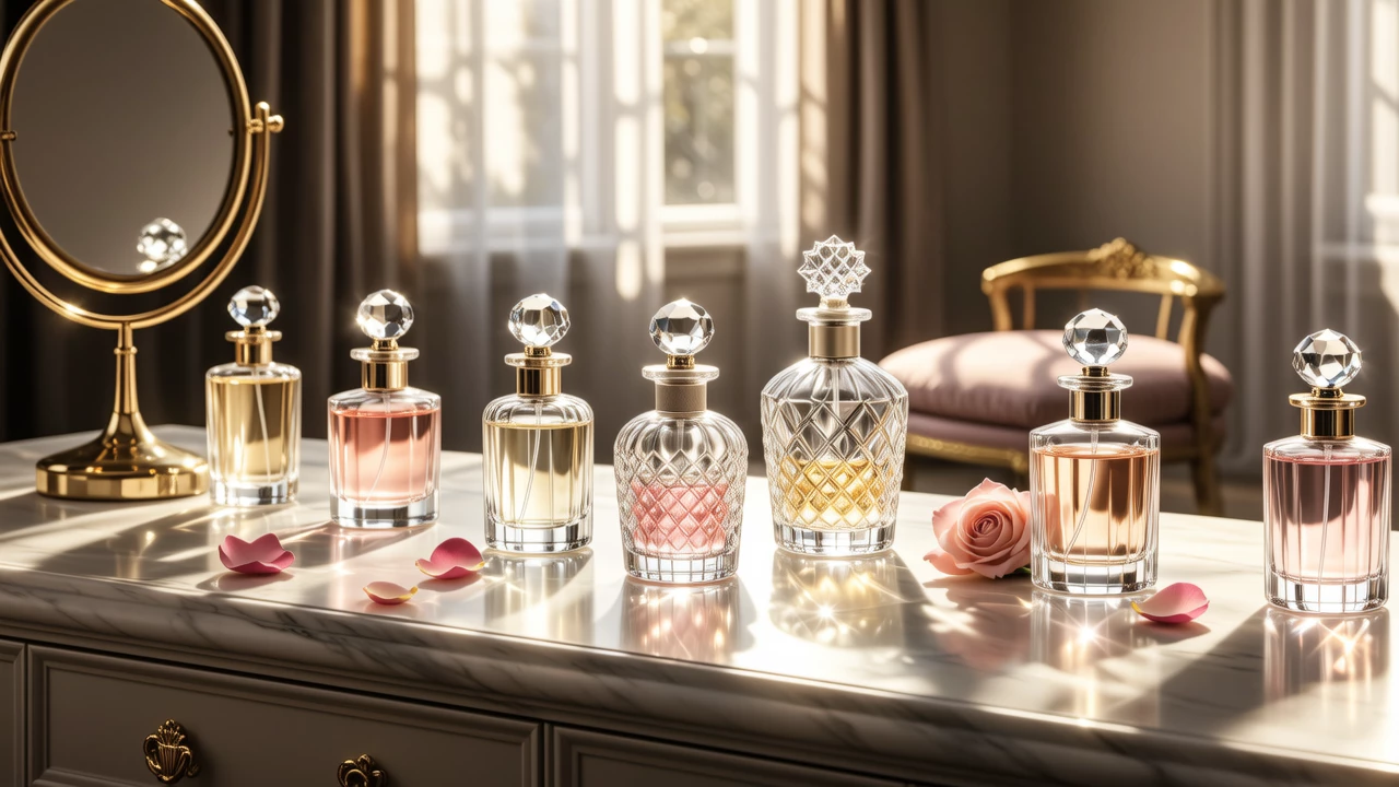 A stylish arrangement of diverse perfume bottles on a vanity table, with natural light filtering through a window, creating a serene and inviting atmosphere.