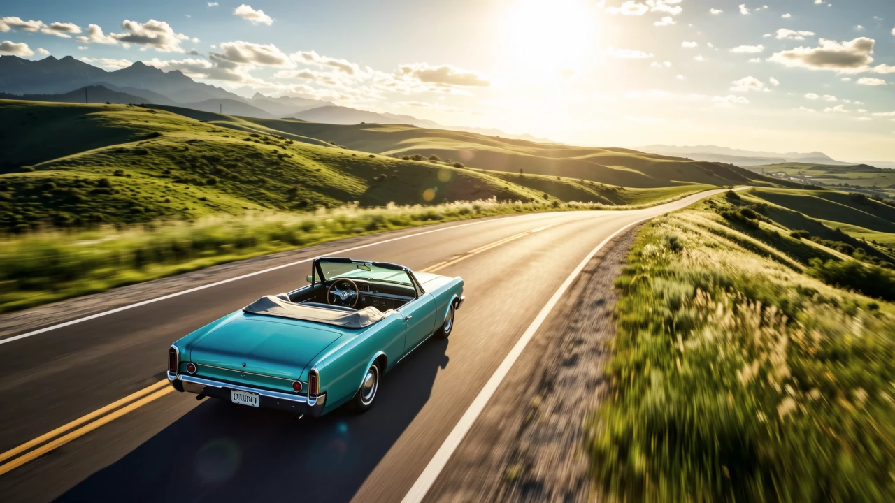 A scenic road trip view with a car driving through rolling hills and a map on the dashboard