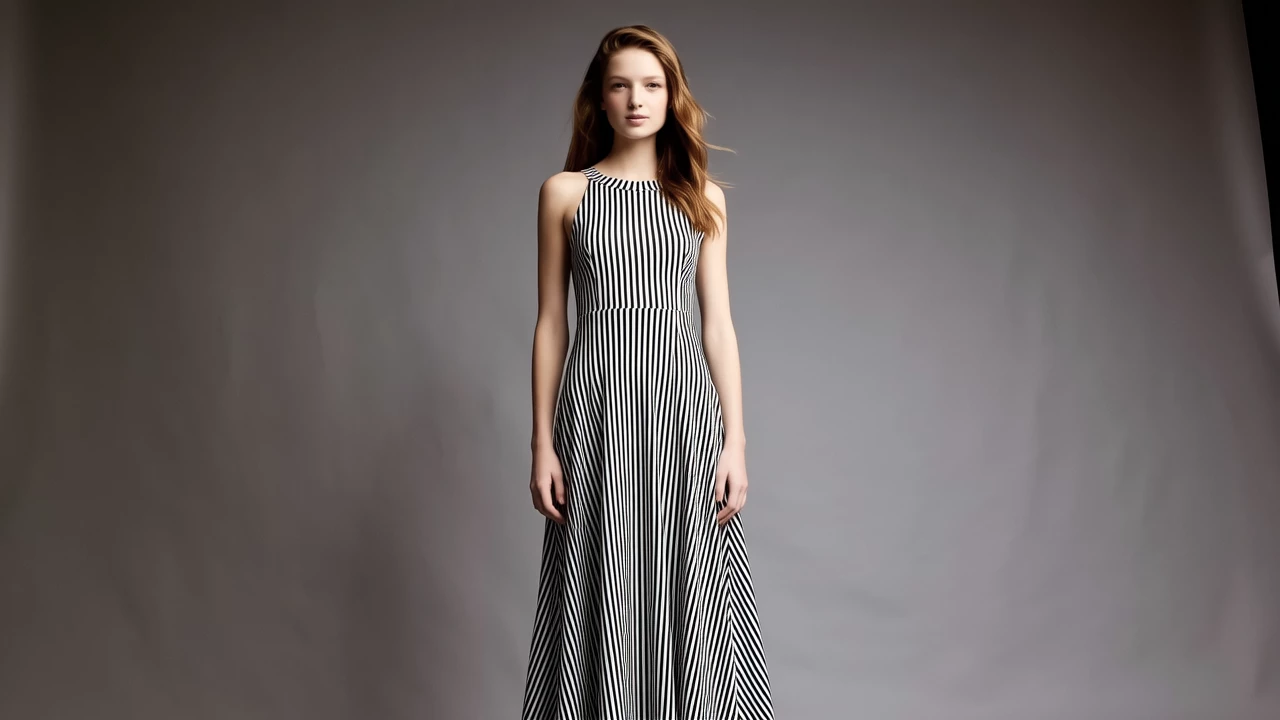A petite model wearing a vertical striped dress, standing against a plain background to emphasize the elongating effect of the stripes