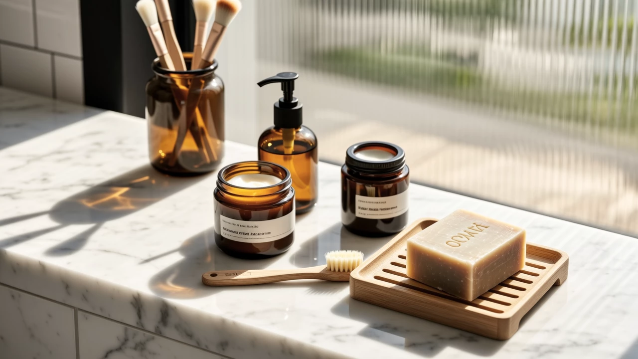 A minimalist bathroom shelf featuring reusable skincare items like glass jars, bamboo brushes, and solid bars, arranged neatly to emphasize sustainability.