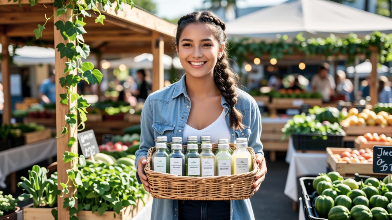A person happily holding a basket of zero-waste skincare products at a local market, surrounded by greenery to symbolize eco-conscious shopping and community support.