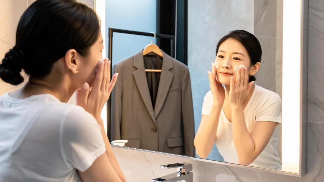A woman gently applying moisturizer to her face in a well-lit bathroom mirror, soft morning light, minimalist decor, professional attire hanging in the background