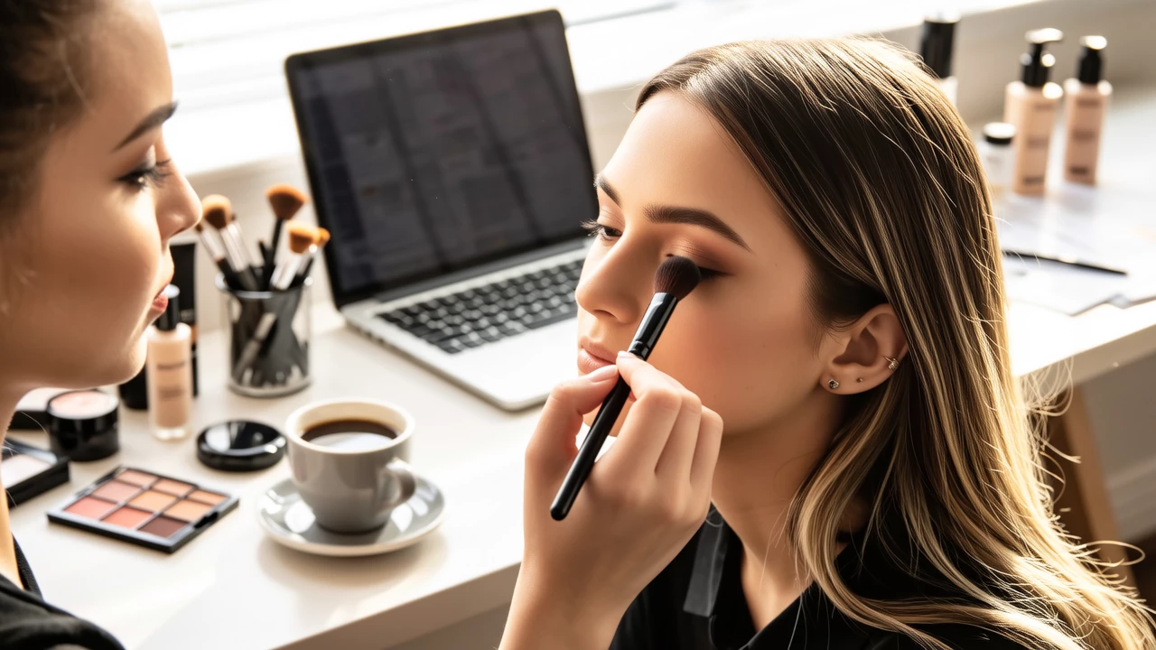 Close-up of a woman applying neutral eyeshadow with a brush, natural daylight, office desk with laptop and coffee cup in the background, subtle makeup products arranged neatly