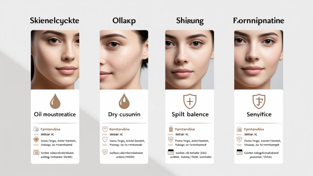 A visual guide showing different skin types—oily, dry, combination, and sensitive—with icons and recommended foundation formulas next to each, set against a clean, minimalist background