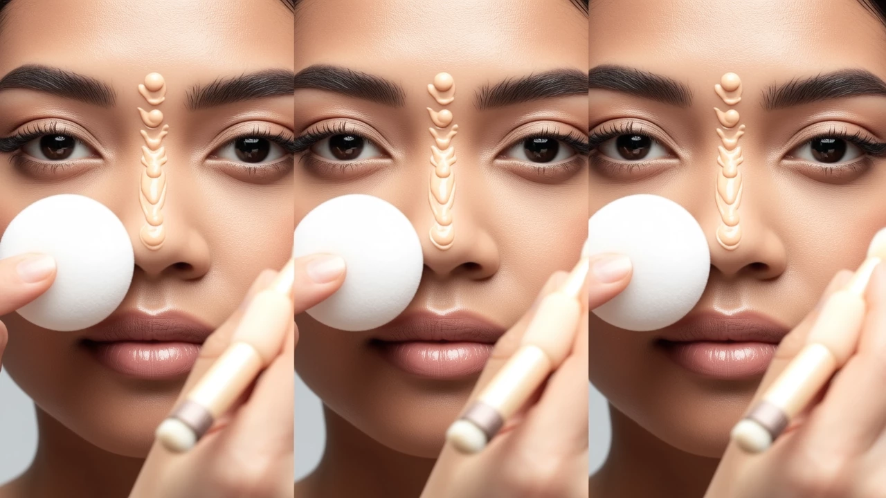 A step-by-step illustration of foundation application using a beauty blender, showing the blending process from center to outer face, with droplets of foundation and a glowy finish effect