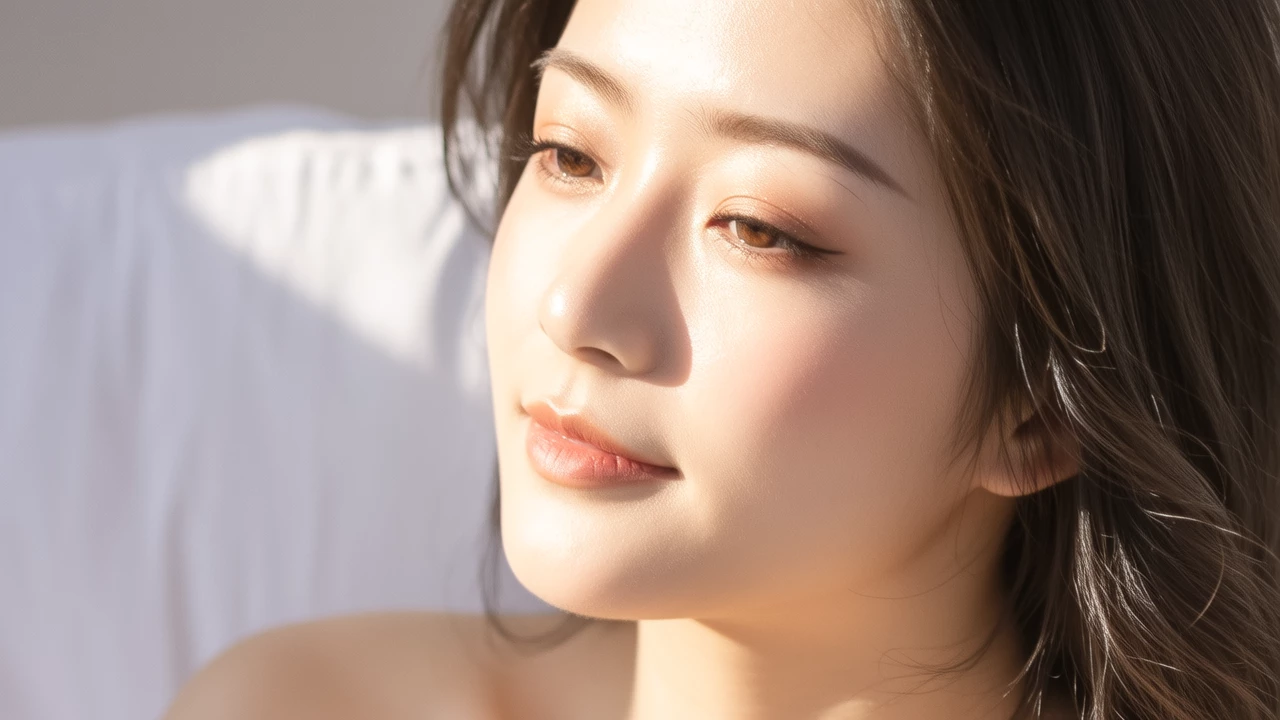 A beautiful woman with perfectly applied foundation, showcasing a natural, radiant finish in soft daylight, with a subtle glow and no visible pores or imperfections