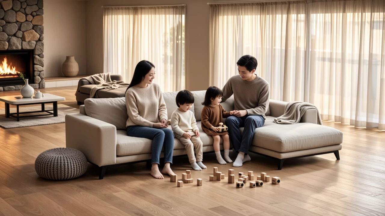 A modern family sitting together in a cozy living room, engaged in conversation, with soft lighting and a warm atmosphere, emphasizing connection and relaxation