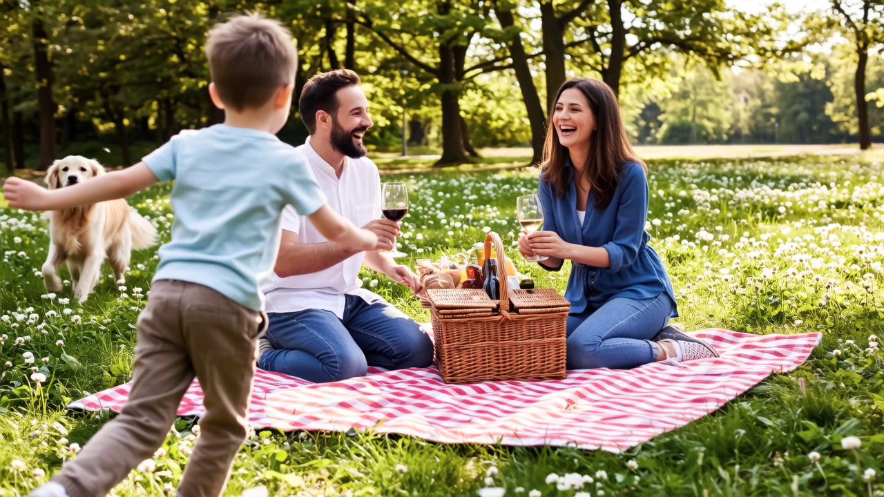 A family enjoying a picnic in a park, with children playing and adults chatting, surrounded by nature and sunshine, representing leisure and bonding