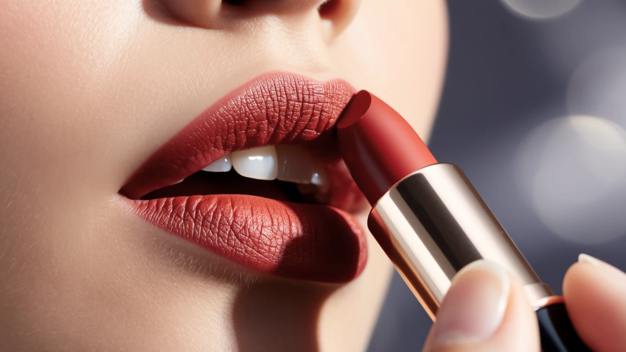 Close-up shot of a hand applying vibrant organic lipstick, highlighting the creamy texture and rich pigment