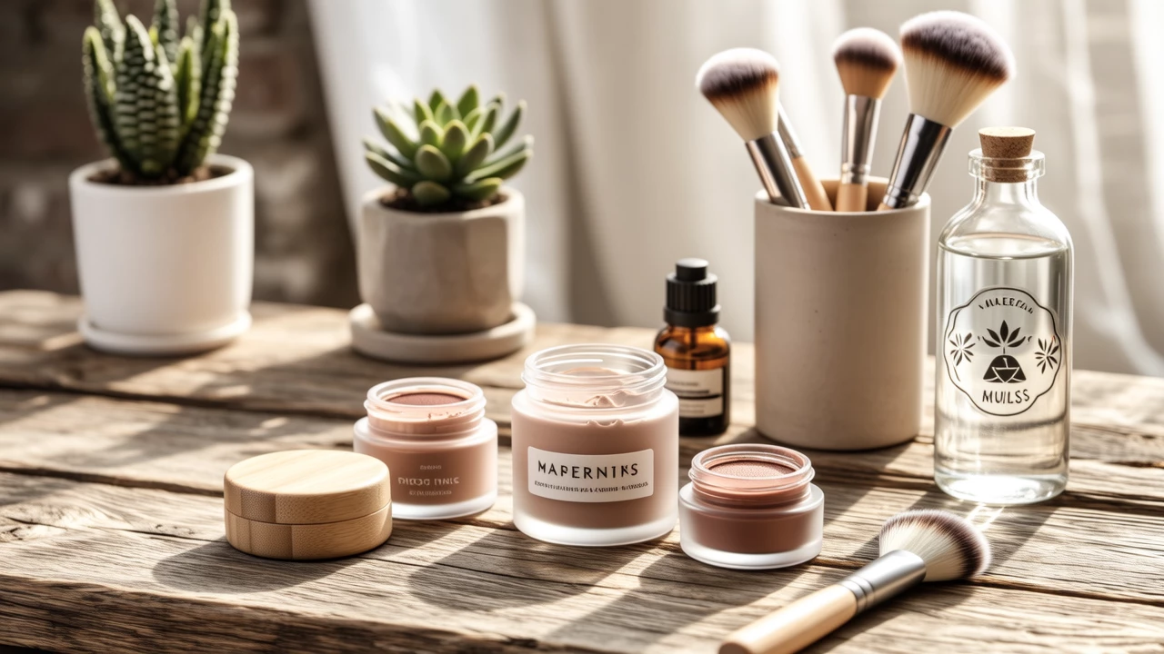 An artistic arrangement of organic makeup products including blushes, bronzers, and brushes on a wooden table, emphasizing eco-conscious beauty
