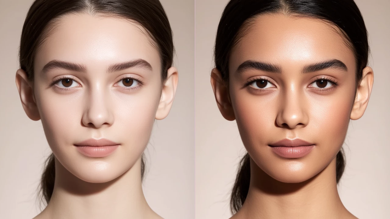 Side-by-side comparison of a model's face before and after using organic makeup, showing enhanced natural features and glow
