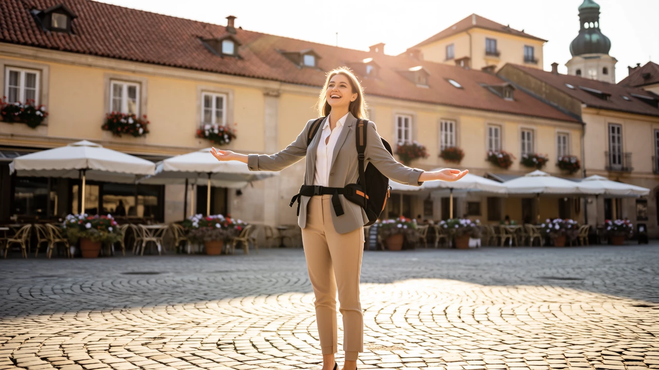 A joyful solo traveler with a stylish backpack, smiling brightly while standing in a sunlit European plaza with cobblestone streets and colorful buildings