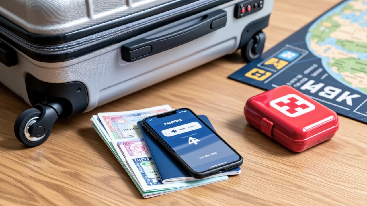 A detailed shot of a travel essentials kit including a passport, locked suitcase, smartphone with safety apps, and a first aid kit on a minimalist table