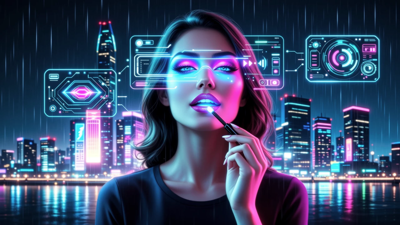 A vibrant digital interface showing a woman virtually trying on holographic neon eyeshadow and glossy lips, with futuristic glowing elements in the background, ultra-modern aesthetic, high contrast lighting