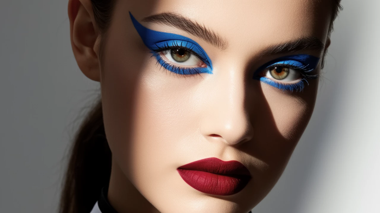 A close-up of a model with perfectly executed graphic winged eyeliner in electric blue, paired with a matte crimson lip, soft natural skin texture, studio lighting with dramatic shadows